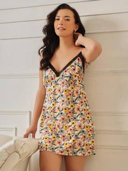 Clovia - Women Satin Printed Babydoll White
