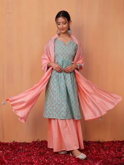 Indya - Blue Floral Print Cotton Anarkali Kurta with Contrast Sharara and Dupatta (Set of 3)