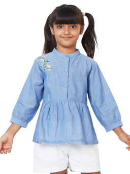 My Milestones - Girls Chambray Peplum Embroidered Top