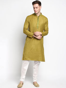 Devoiler - Men Self Design Olive Fine Cotton Kurta