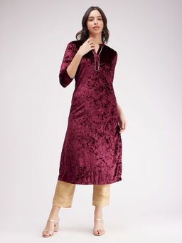 Pink Fort - Velvet Straight Kurta Maroon (Set of 2)