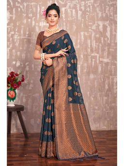 EXCLUSIVA - Teal Cotton Silk Saree with Unstitched