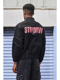 Snitch - Grind Black Typography Full Sleeves Oversized Casual Denim Jacket