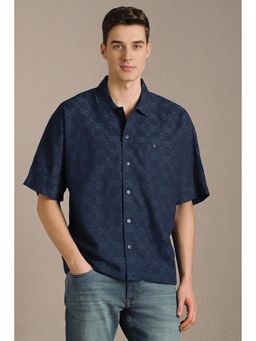 Louis Philippe - Men Navy Blue Textured Half Sleeves Casual Shirt