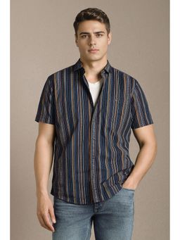 Louis Philippe - Men Navy Blue Stripe Half Sleeves Casual Shirt