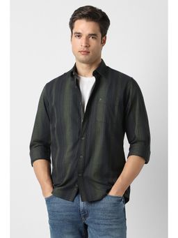 Peter England - Men Olive Slim Fit Stripe Full Sleeves Casual Shirt