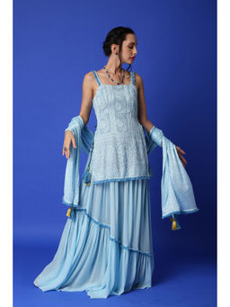 MONK & MEI - Sharmila Chikankari Kurta, Skirt & Dupatta - Ice Blue