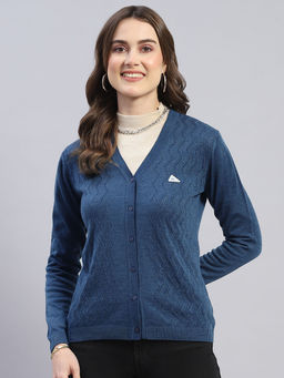 Monte Carlo - Ensign Blue Self Design V-Neck Cardigan