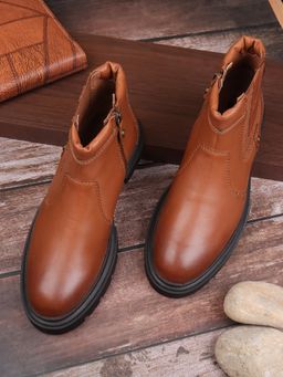 EZOK - Men Tan Solid Pattern Leather Chelsea Boots