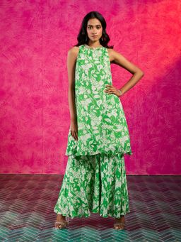Gajra Gang - Frida Farida Green Chiffon Poppy Print Kurta Sharara Set GGFFKS01