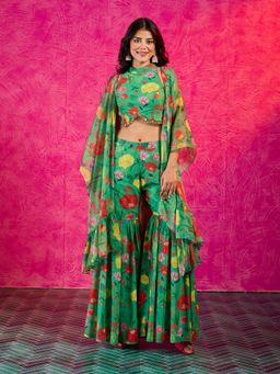 Gajra Gang - Frida Farida Green Georgette Poppy Print Fusion Cape Sharara Set GGFFSKD02