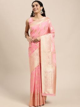 VAIRAGEE - Designer Pink and Golden Ethnic Motifs Organza Saree with Unstitched Blouse