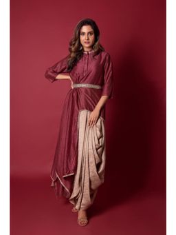 "Two Sisters" by Gyans - Maroon Satin Solid and Lace Work Kurta with Dhoti and Belt
