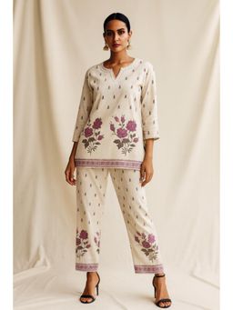 Thee Modern Roots - Women'S Beige Cotton Floral V-Neck Top with Pant Co-Ord's