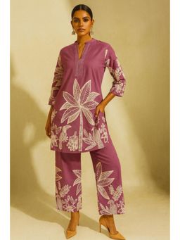Thee Modern Roots - Women'S Purple Cotton Floral Mandarin Neck Top with Pant Co-Ord's