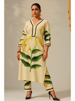 Thee Modern Roots - Women'S Cream Cotton Floral V-Neck Kurta with Pant