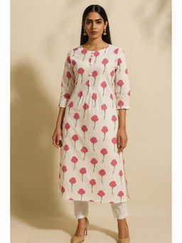 Thee Modern Roots - Women'S Ivory Cotton Floral Round Neck Kurta with Pant