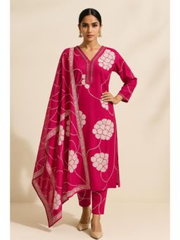 Thee Modern Roots - Women'S Pink Cotton Printed V-Neck Kurta with Pant and Dupatta