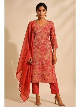 Thee Modern Roots - Women'S Peach Cotton Printed V-Neck Kurta with Pant and Dupatta
