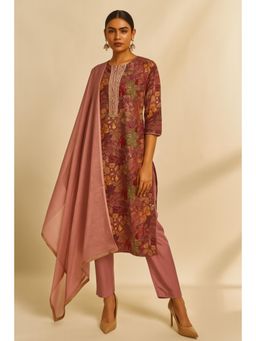 Thee Modern Roots - Women'S Wine Viscose Floral Round Neck Kurta with Pant and Dupatta