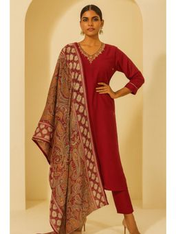 Thee Modern Roots - Women'S Red Viscose Printed V-Neck Kurta with Pant and Dupatta