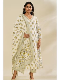 Thee Modern Roots - Women'S Ivory Cotton Floral V-Neck Anarkali Kurta with Pant and Dupatta