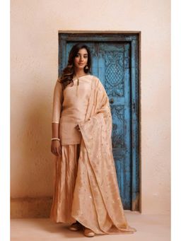 Geroo Jaipur - Beige Chanderi Mukaish Embroidered Garara Kurta Set with Gota Patti Dupatta