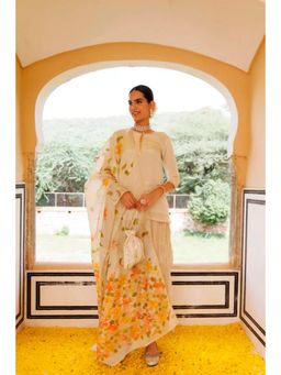 Geroo Jaipur - Off White Mukaish Embroidered Sharara with Kurta and Dupatta