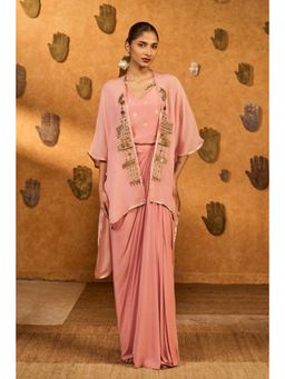 Masaba - Champagne Pink Heartbeat Draped Skirt with Camisole and Cape