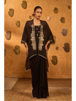 Masaba - Brown Heartbeat Draped Skirt with Camisole and Cape