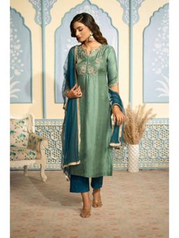 "Two Sisters" by Gyans - Green Satin Round Neck Half Sleeve Kurta with Pant and Dupatta