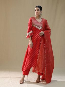 Arpita Sulakshana - Red Self Chanderi Kurta and Trousers with Dupatta Suit Set
