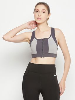 Clovia - Medium Impact Padded Colourblocked Racerback Sports Bra With Front Zipper -Grey