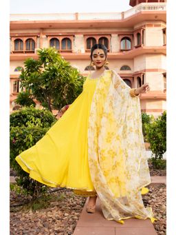 POMCHA - Yellow Berry Cotton Anarkali (Set of 3)