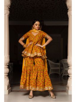 POMCHA - Darpan Mustard Yellow Hand Block Cotton Sharara (Set of 3)