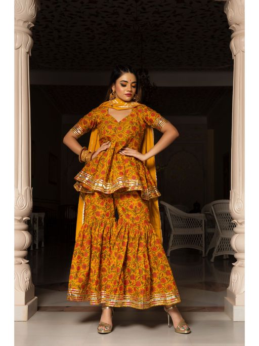 POMCHA Darpan Mustard Yellow Hand Block Cotton Sharara (Set of 3)