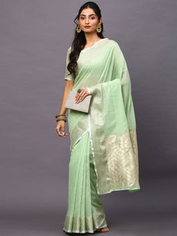 Akhilam - Women's Linen Blend Green Woven Design Designer Saree with Unstitched Blouse