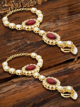 OOMPH - Combo of 2 Maroon Red Bridal Hathphool Hathpanja Bracelet with Ring-Kundan