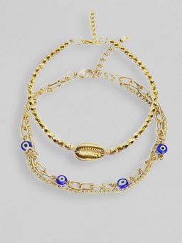 OOMPH - Combo of 2 Gold Tone Evil Eye GoodLuck Multi Layer Link Chain Anklet