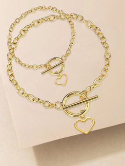 OOMPH - Combo of Gold Tone Link Chain Heart Necklace & Matching Bracelet