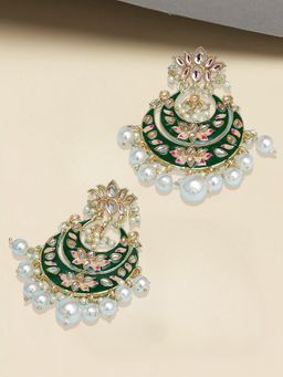 OOMPH - Green & Yellow Meenakari Ethnic Large Drop Earrings-Kundan Stones Lotus Design