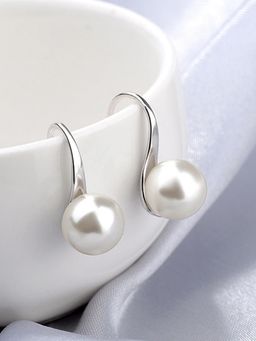OOMPH - White Pearl Minimal Silver Tone Office-Wear Fashion Drop Earrings