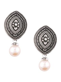 OOMPH - Oxidised Silver Ethnic Drop Earrings-Silver Look Alike-Marquise Shape