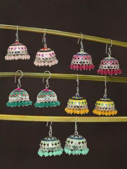 OOMPH - Combo of 5 Oxidised Silver Tone Multicolor Meenakari Ethnic Jhumka Earrings