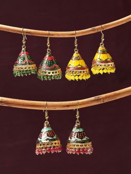 OOMPH - Combo of 3 Green, Blue & Yellow Meenakari Jhumki Earrings-Cone Shape