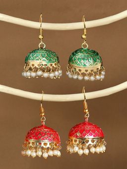 OOMPH - Combo of 2 Rani Pink & Green Meenakari Enamel Minimal Jhumka Earrings