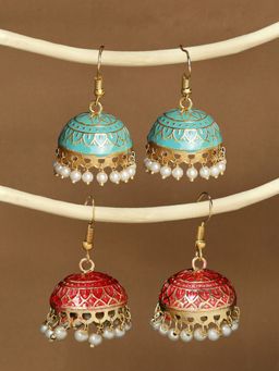 OOMPH - Combo of 2 Mint Green & Red Meenakari Enamel Floral Delicate Jhumka Earrings