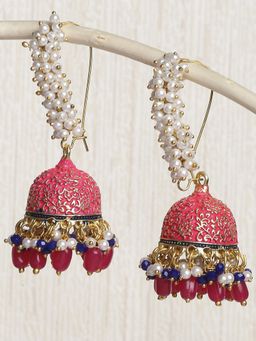 OOMPH - Pink Meenakari Enamel Pearls Ethnic Jhumka Earrings