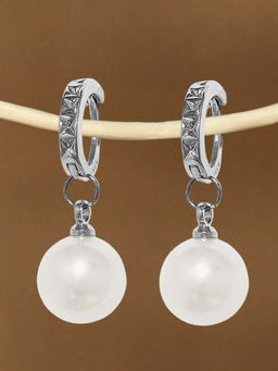 OOMPH - Silver Small White Pearl Office-Wear Fashion Drop Earrings