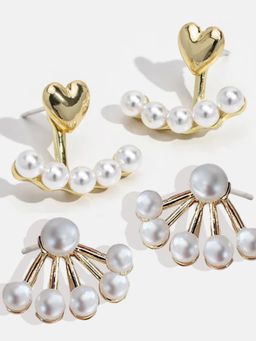 OOMPH - Combo of 2 Fashion Stud Earrings-White Pearl Studded Ear Jacket Design